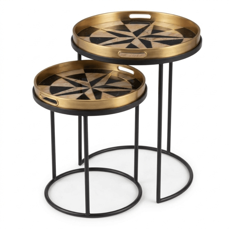 Side Table Black / Compass Serving Tray Nest of Tables with Circular Trays – Set of 2