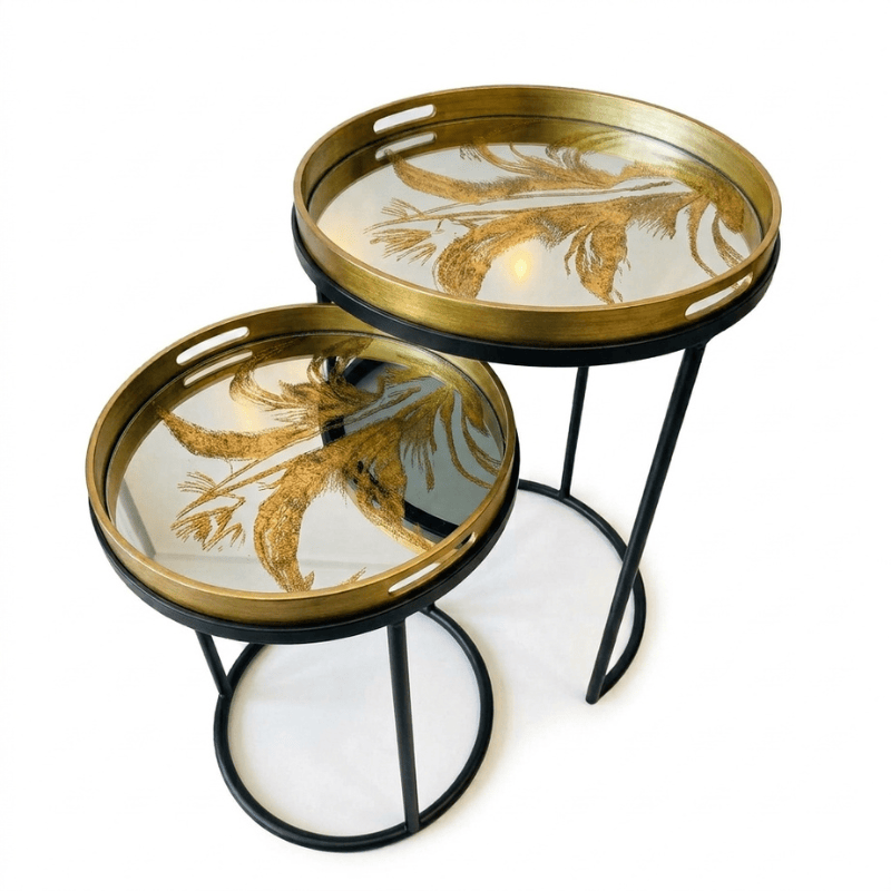 Side Table Black / Gold Leaf Serving Tray Nest of Tables with Circular Trays – Set of 2