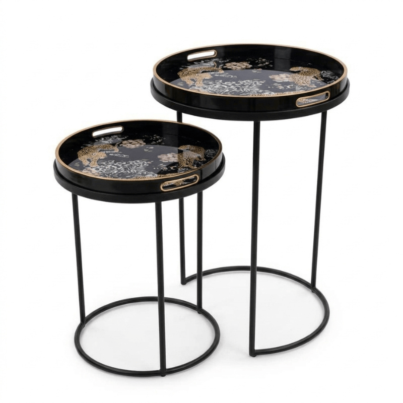 Side Table Black / Leopard Serving Tray Nest of Tables with Circular Trays – Set of 2