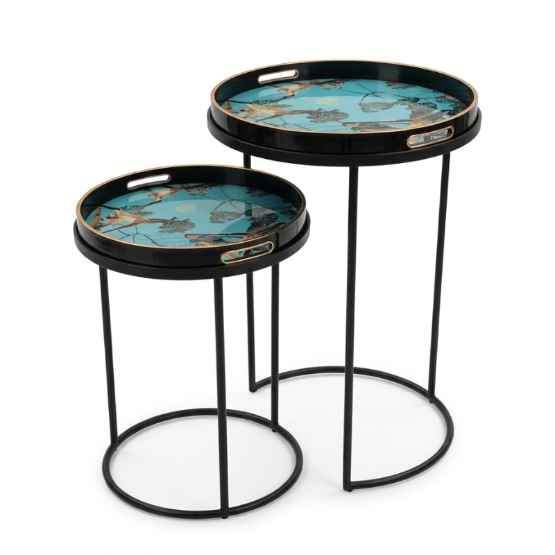 Side Table Black / Monkey Serving Tray Nest of Tables with Circular Trays – Set of 2