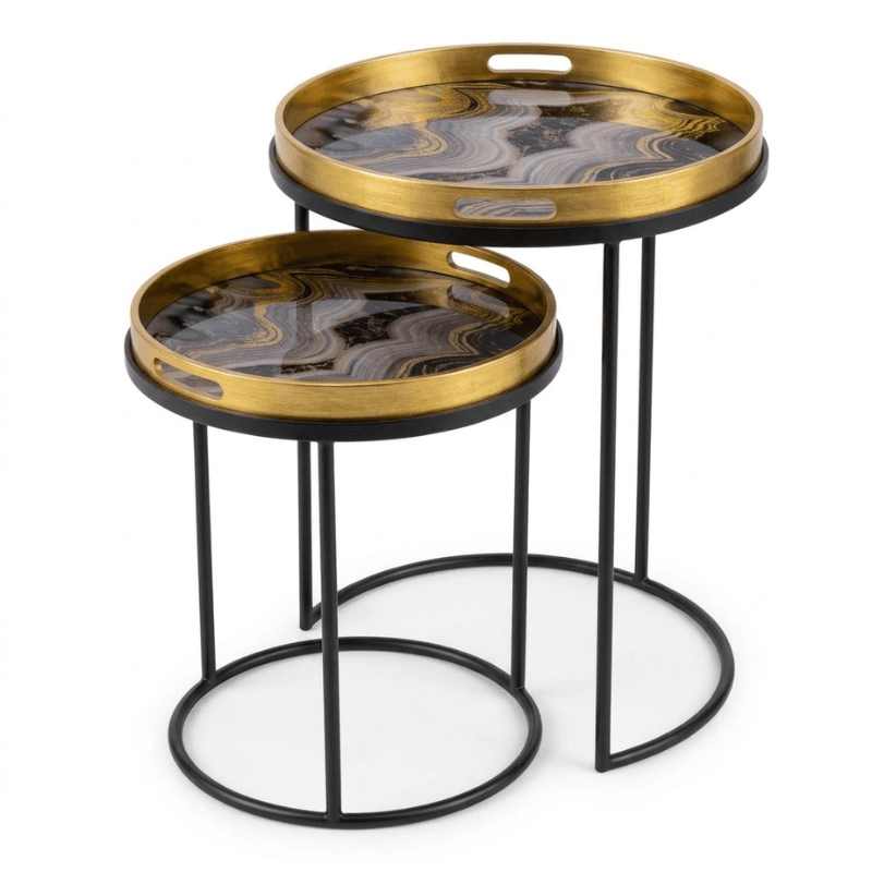 Side Table Black / Oyster Serving Tray Nest of Tables with Circular Trays – Set of 2