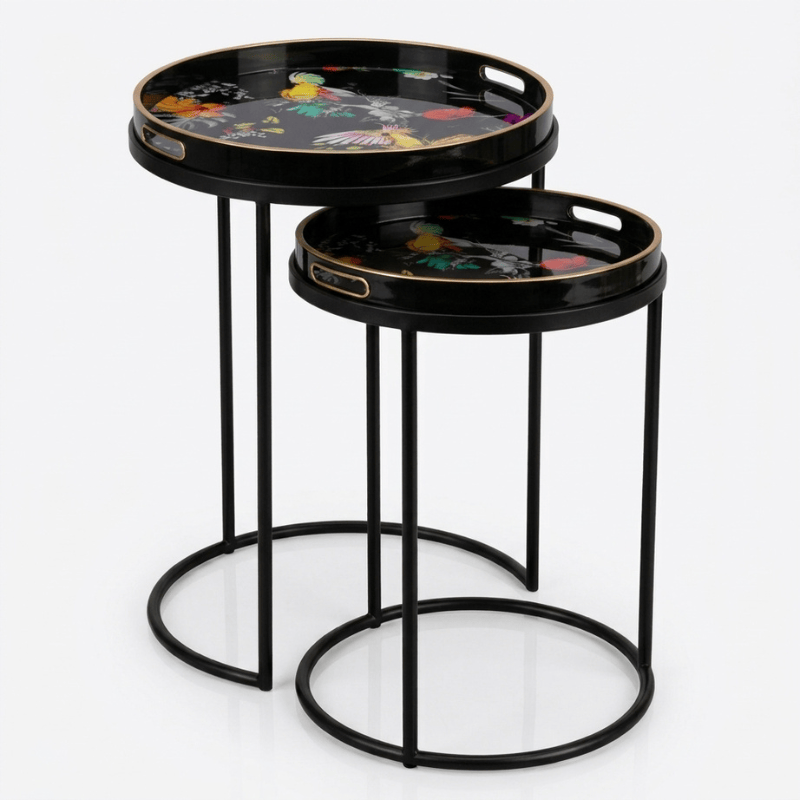 Side Table Black / Parrot Serving Tray Nest of Tables with Circular Trays – Set of 2