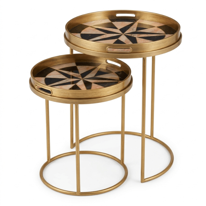 Side Table Gold / Compass Serving Tray Nest of Tables with Circular Trays – Set of 2