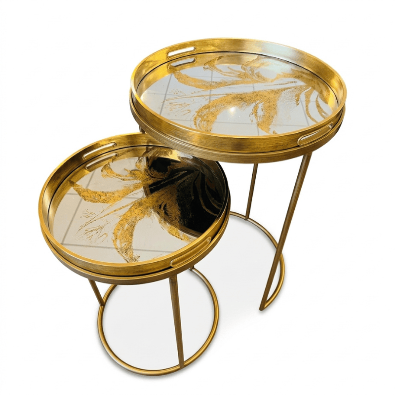 Side Table Gold / Gold Leaf Serving Tray Nest of Tables with Circular Trays – Set of 2