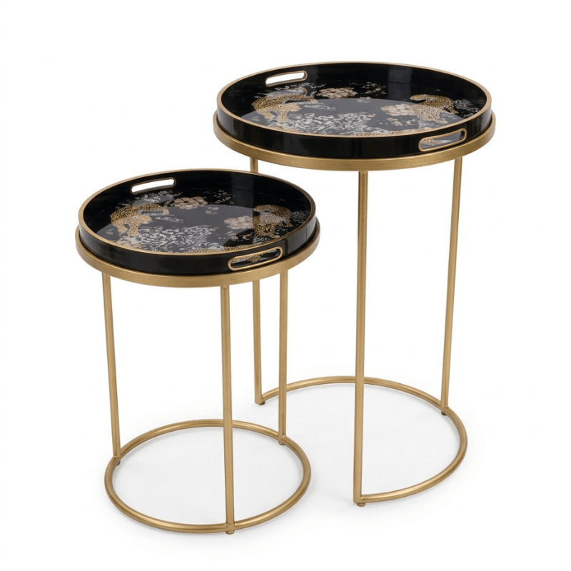 Side Table Gold / Leopard Serving Tray Nest of Tables with Circular Trays – Set of 2