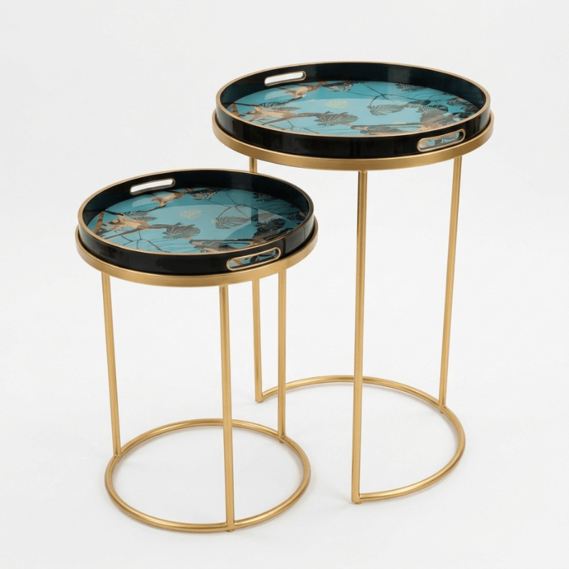 Side Table Gold / Monkey Serving Tray Nest of Tables with Circular Trays – Set of 2