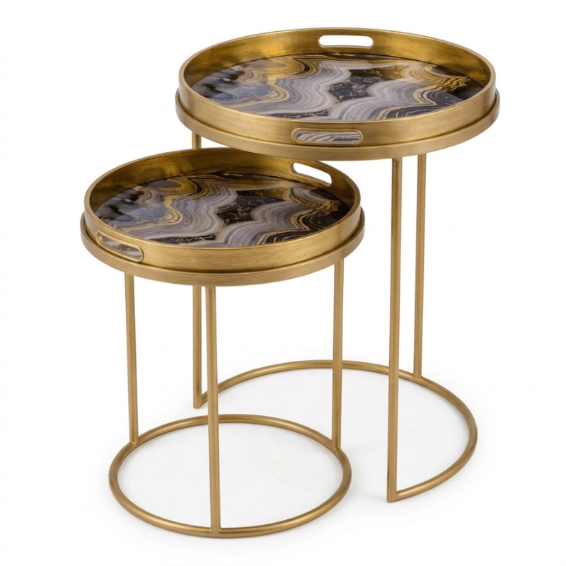 Side Table Gold / Oyster Serving Tray Nest of Tables with Circular Trays – Set of 2