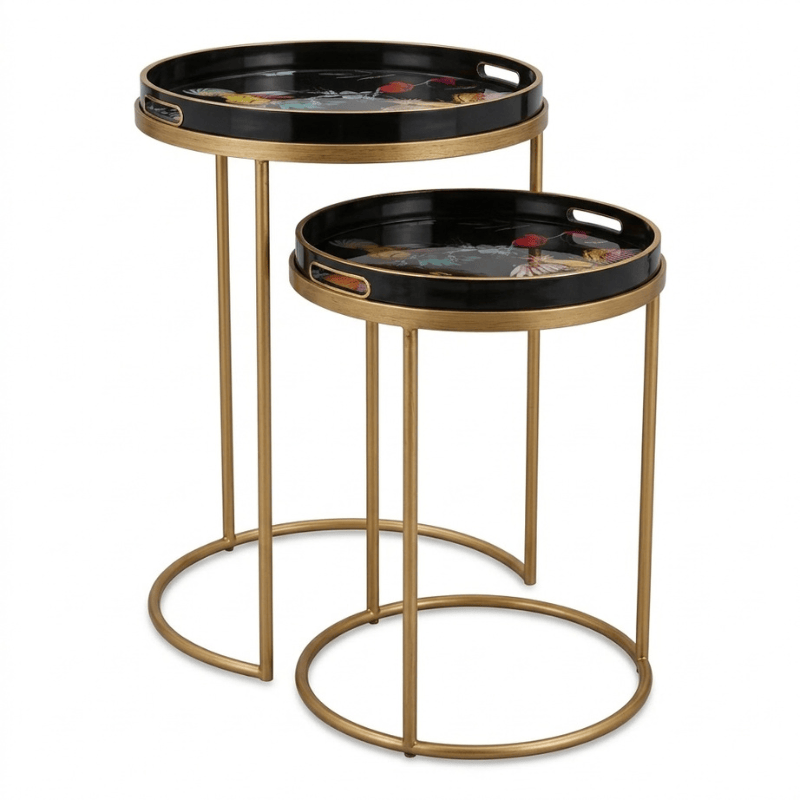 Side Table Gold / Parrot Serving Tray Nest of Tables with Circular Trays – Set of 2