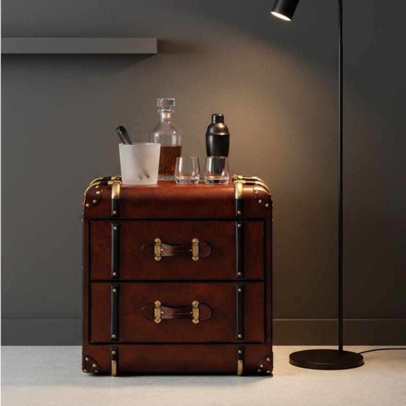 Side Table Handcrafted Leather 2 Drawer Side Table Trunk - Cognac