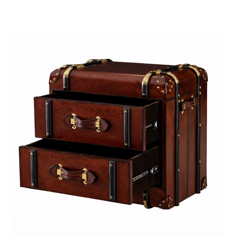 Side Table Handcrafted Leather 2 Drawer Side Table Trunk - Cognac