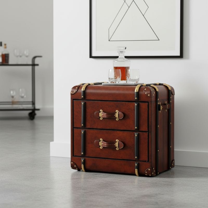 Side Table Handcrafted Leather 2 Drawer Side Table Trunk - Cognac