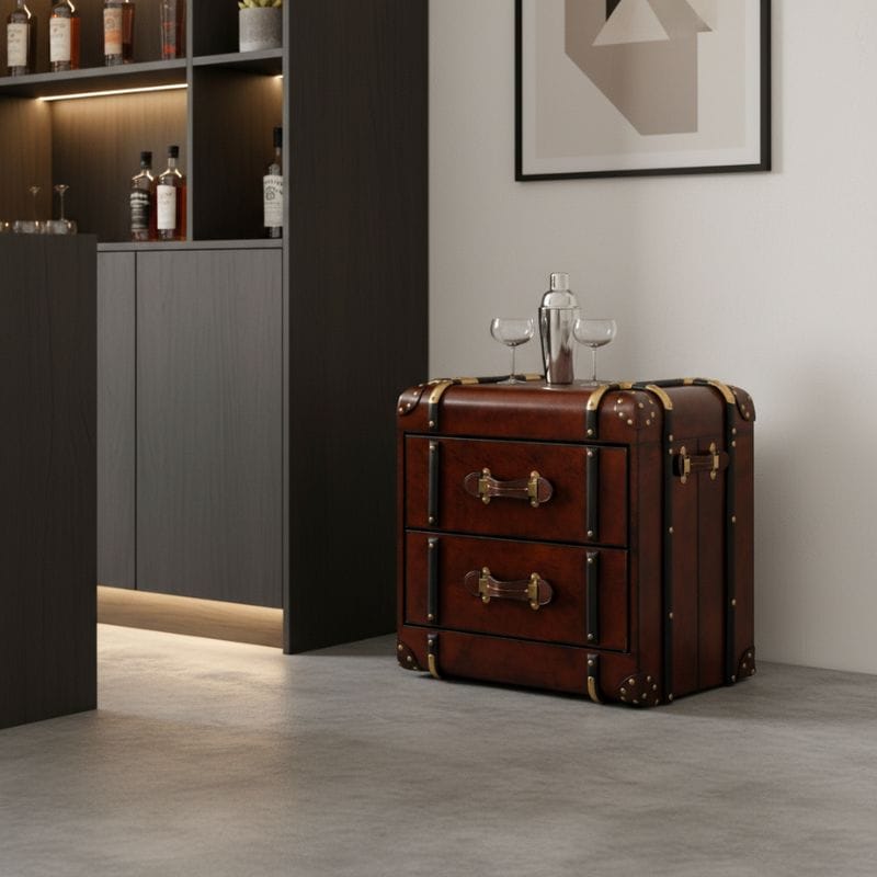 Side Table Handcrafted Leather 2 Drawer Side Table Trunk - Cognac