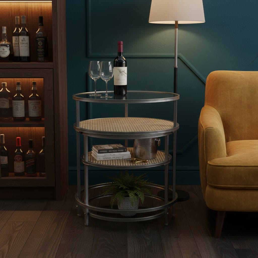 Side Table Iron, Glass and Rustic Metal Rattan Set of 2 Round Side Tables