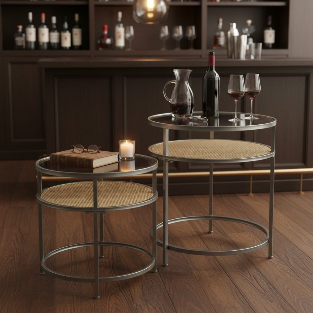 Side Table Iron, Glass and Rustic Metal Rattan Set of 2 Round Side Tables