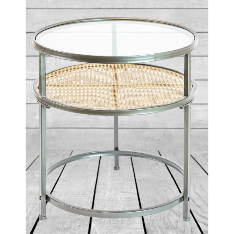 Side Table Iron, Glass and Rustic Metal Rattan Set of 2 Round Side Tables