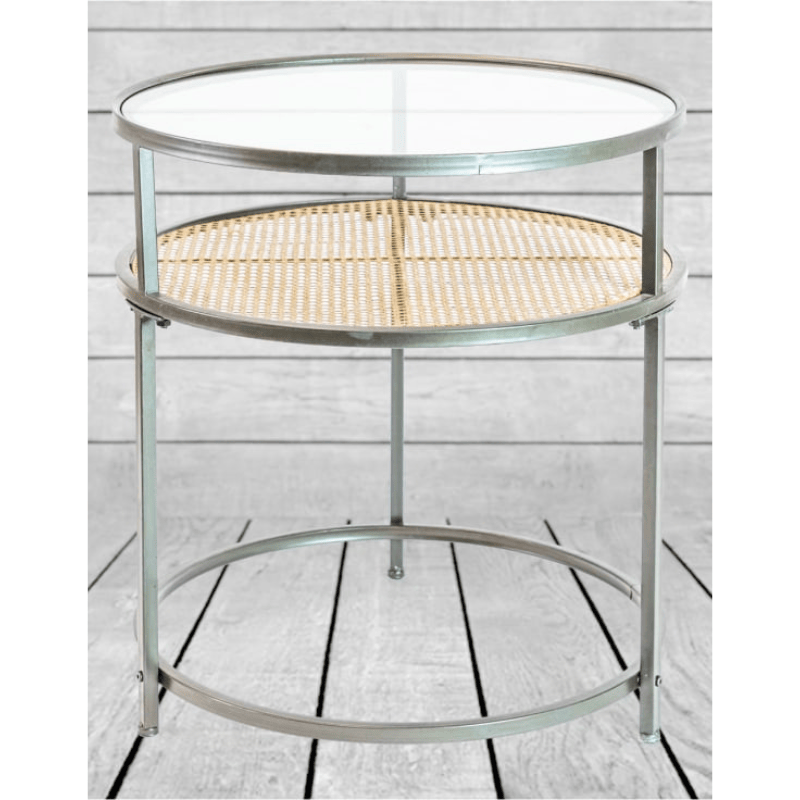 Side Table Iron, Glass and Rustic Metal Rattan Set of 2 Round Side Tables