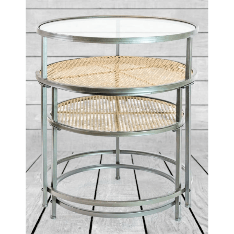 Side Table Iron, Glass and Rustic Metal Rattan Set of 2 Round Side Tables