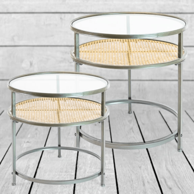 Side Table Iron, Glass and Rustic Metal Rattan Set of 2 Round Side Tables