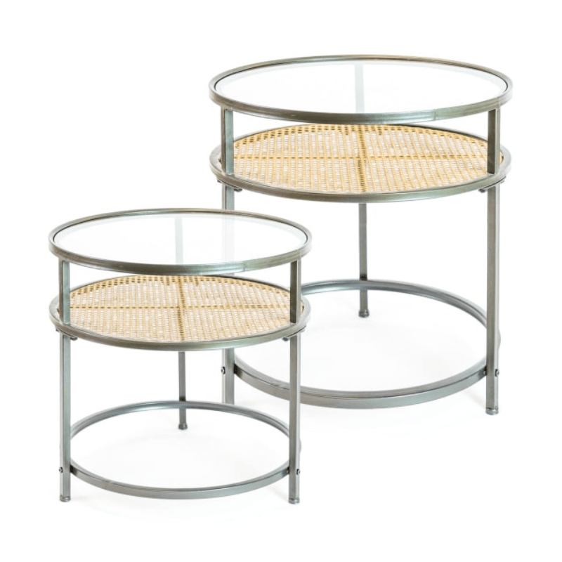 Side Table Iron, Glass and Rustic Metal Rattan Set of 2 Round Side Tables