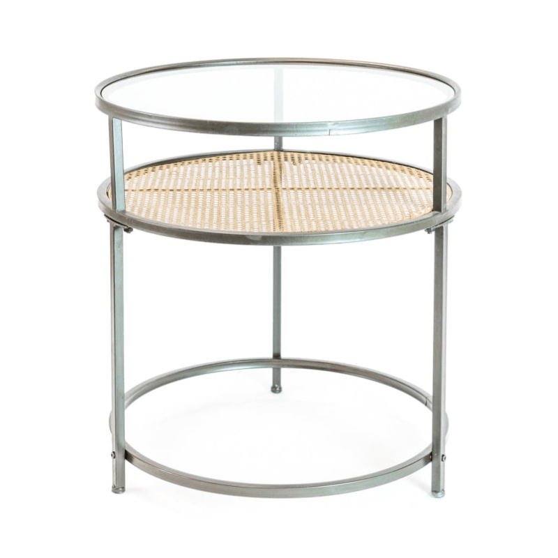 Side Table Iron, Glass and Rustic Metal Rattan Set of 2 Round Side Tables