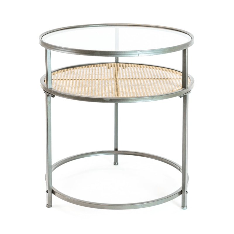 Side Table Iron, Glass and Rustic Metal Rattan Set of 2 Round Side Tables