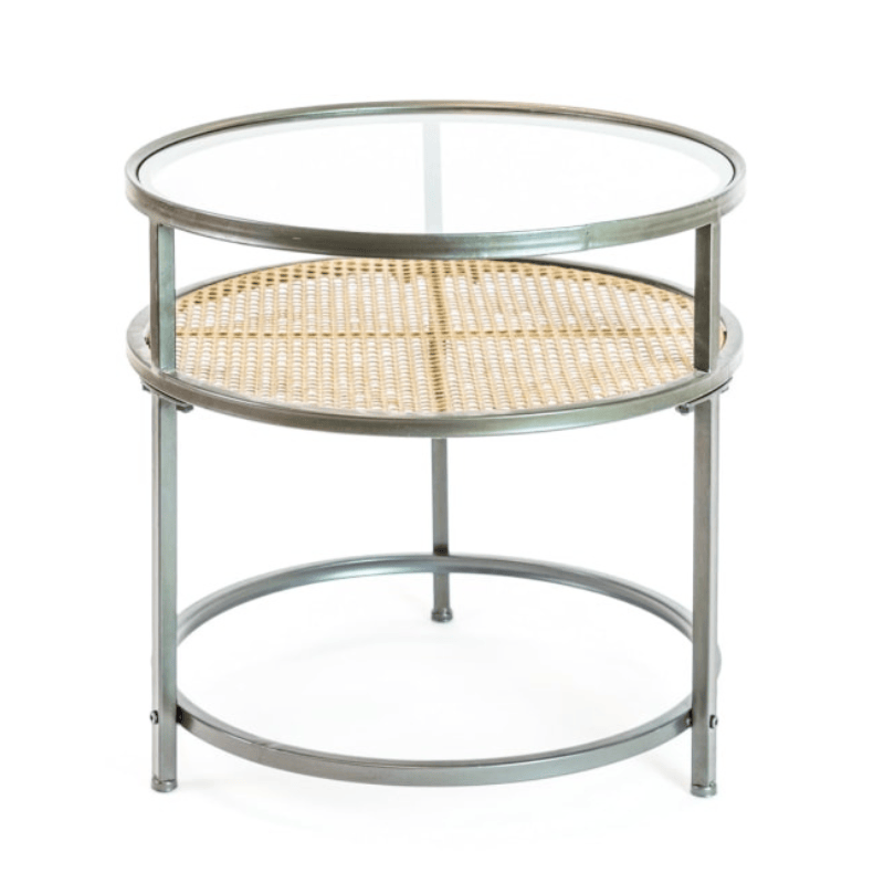Side Table Iron, Glass and Rustic Metal Rattan Set of 2 Round Side Tables