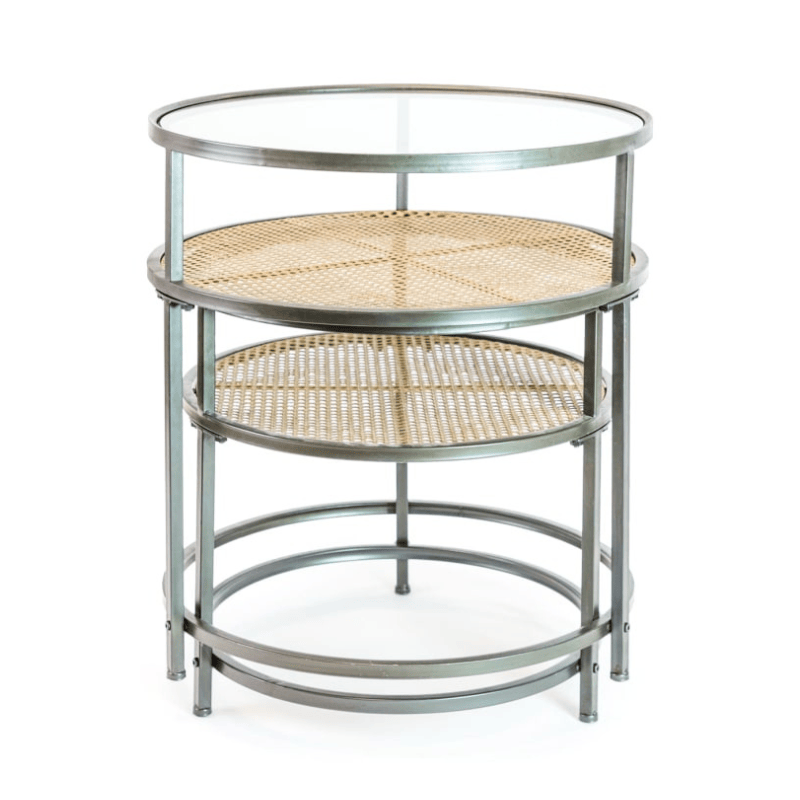 Side Table Iron, Glass and Rustic Metal Rattan Set of 2 Round Side Tables