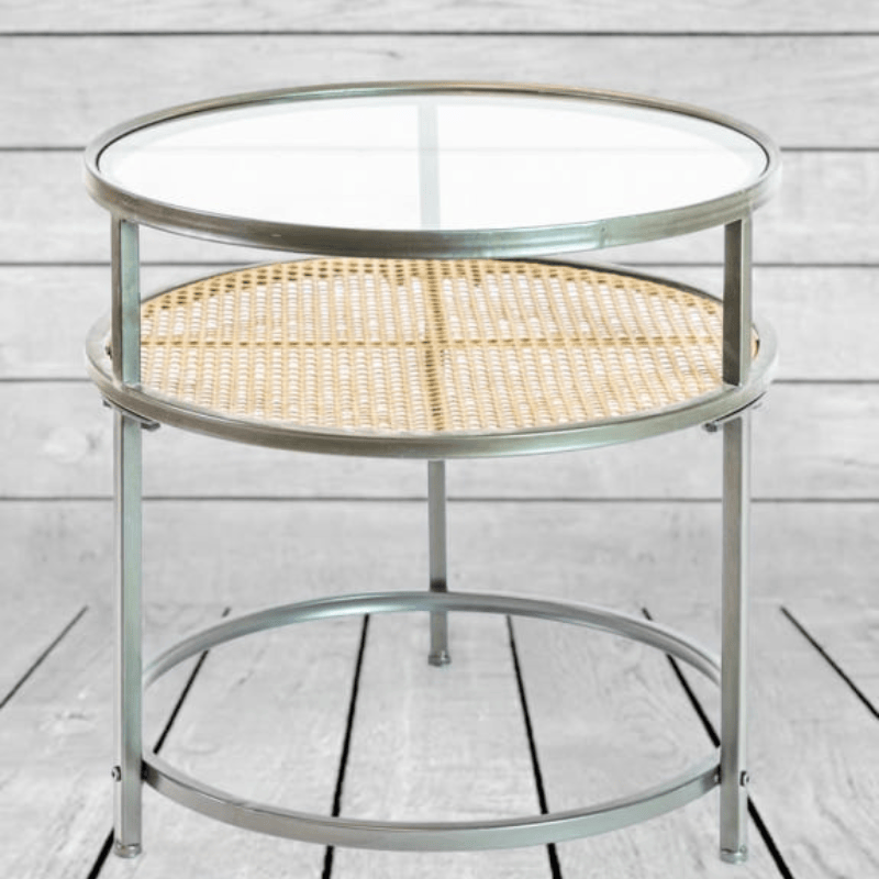 Side Table Iron, Glass and Rustic Metal Rattan Set of 2 Round Side Tables