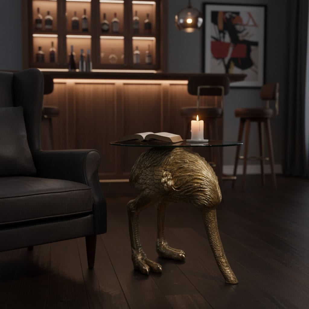Side Table Large Gold "Head-Buried" Ostrich Side Table w/ Glass Top