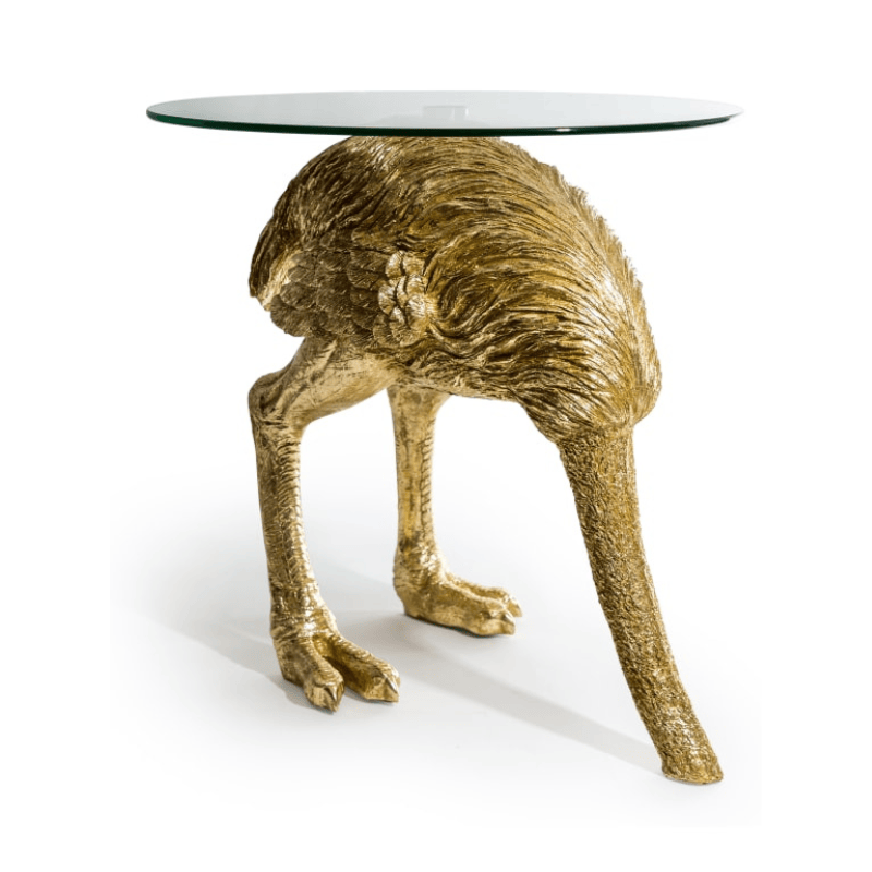 Side Table Large Gold "Head-Buried" Ostrich Side Table w/ Glass Top