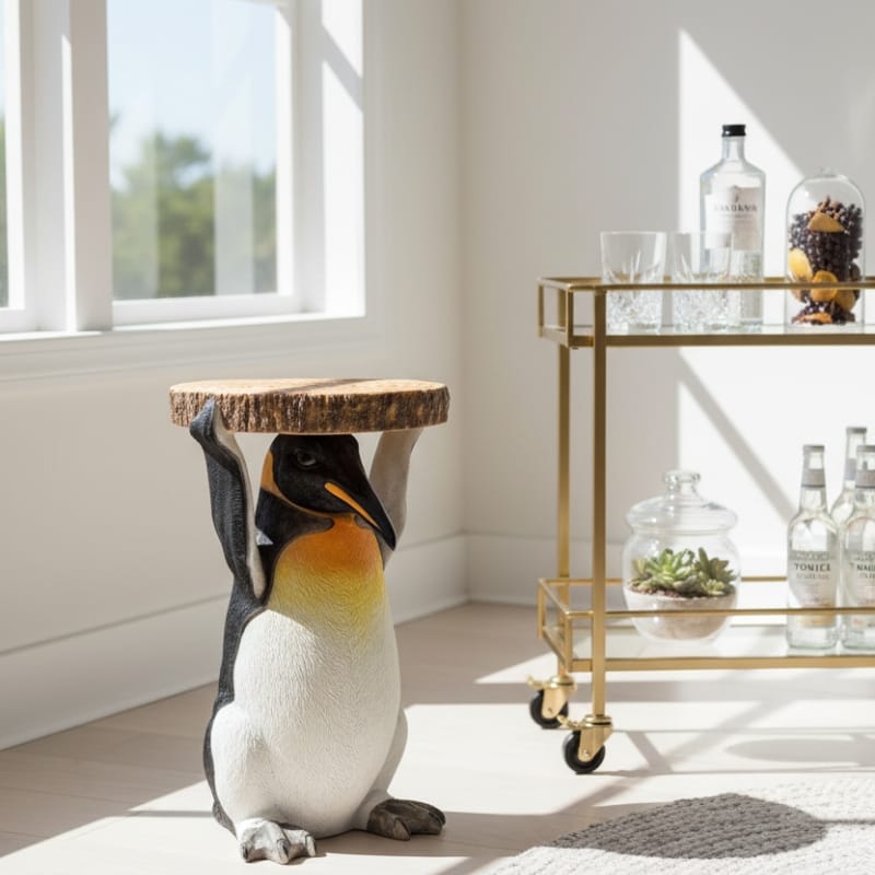 Side Table Penguin Holding "Trunk Slice" Side Table
