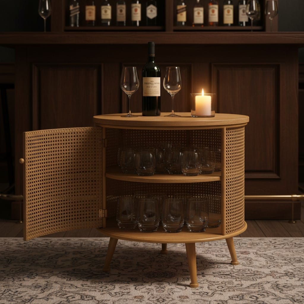 Side Table Rustic Metal Rattan and Wood Retro Round Side Cabinet