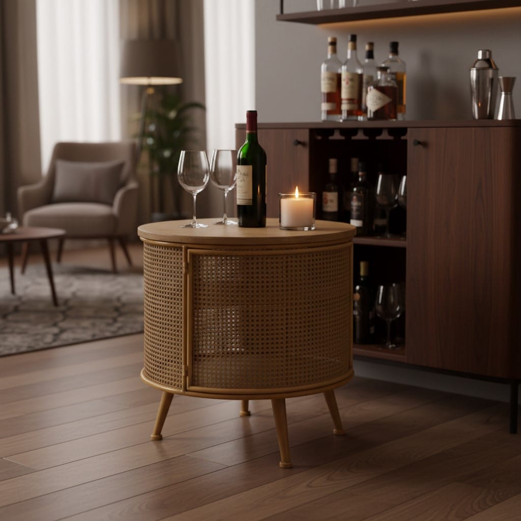 Side Table Rustic Metal Rattan and Wood Retro Round Side Cabinet