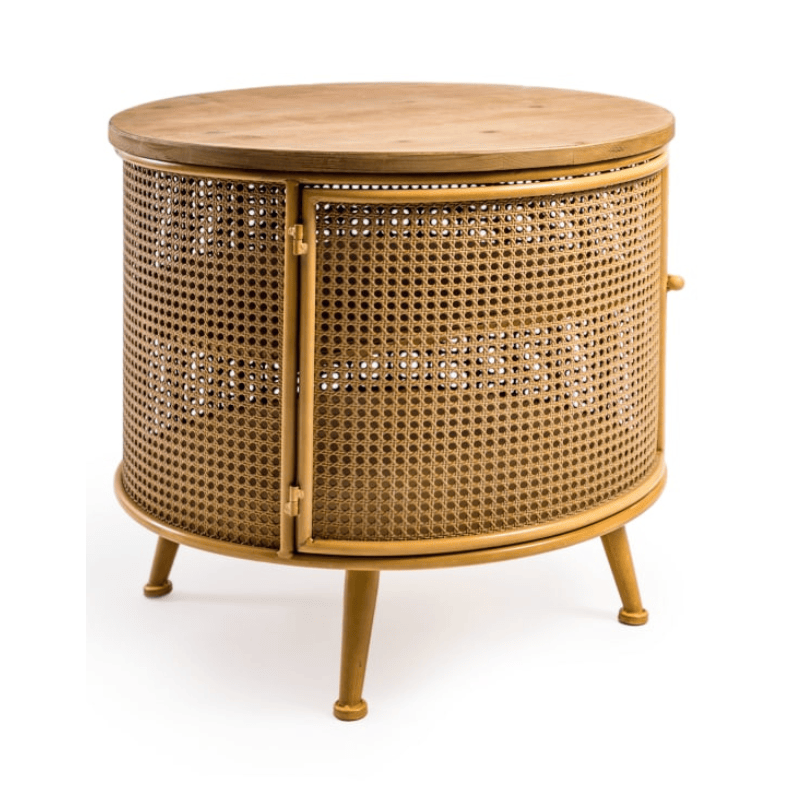 Side Table Rustic Metal Rattan and Wood Retro Round Side Cabinet