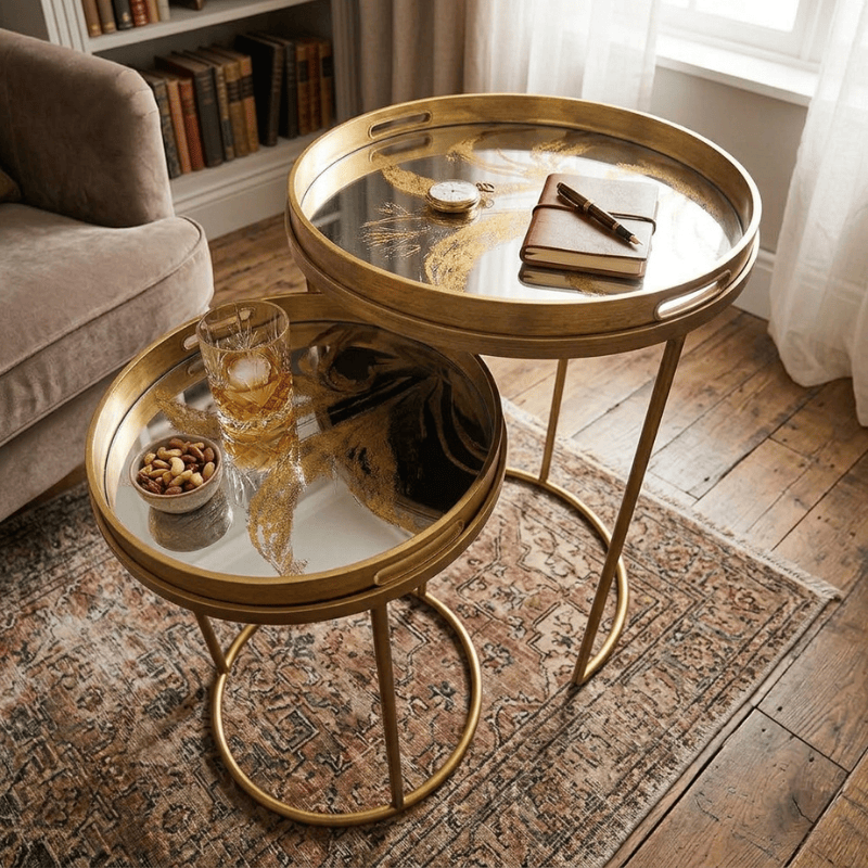 Side Table Serving Tray Nest of Tables with Circular Trays – Set of 2