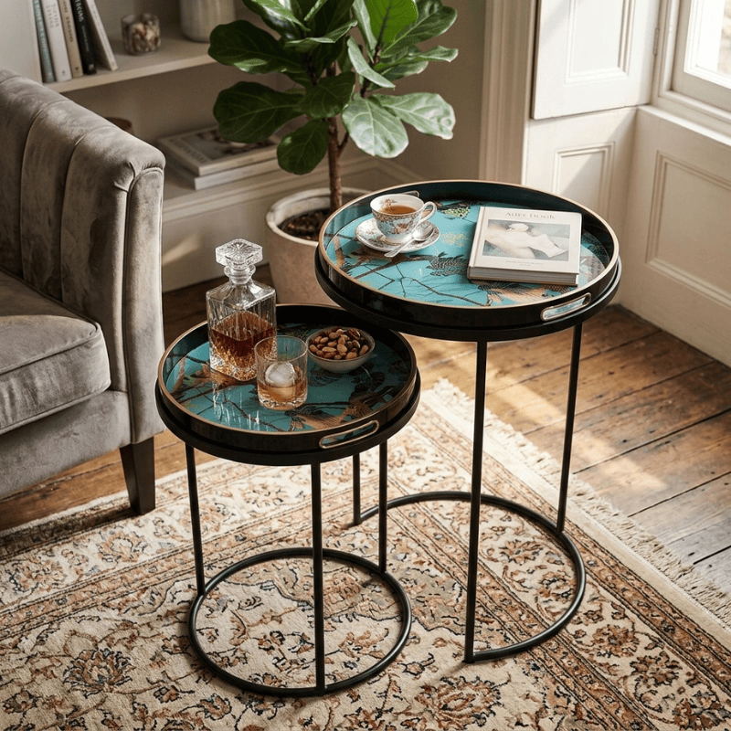 Side Table Serving Tray Nest of Tables with Circular Trays – Set of 2