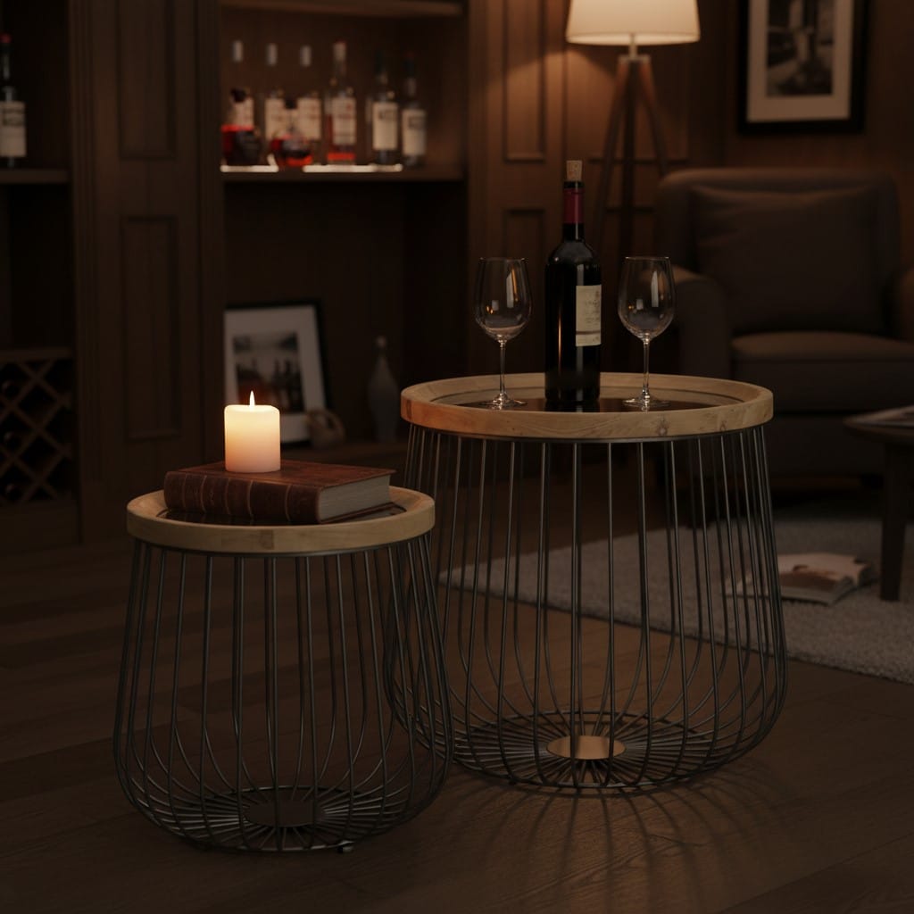 Side Table Set of 2 Iron, Wood and Glass Round Side Tables