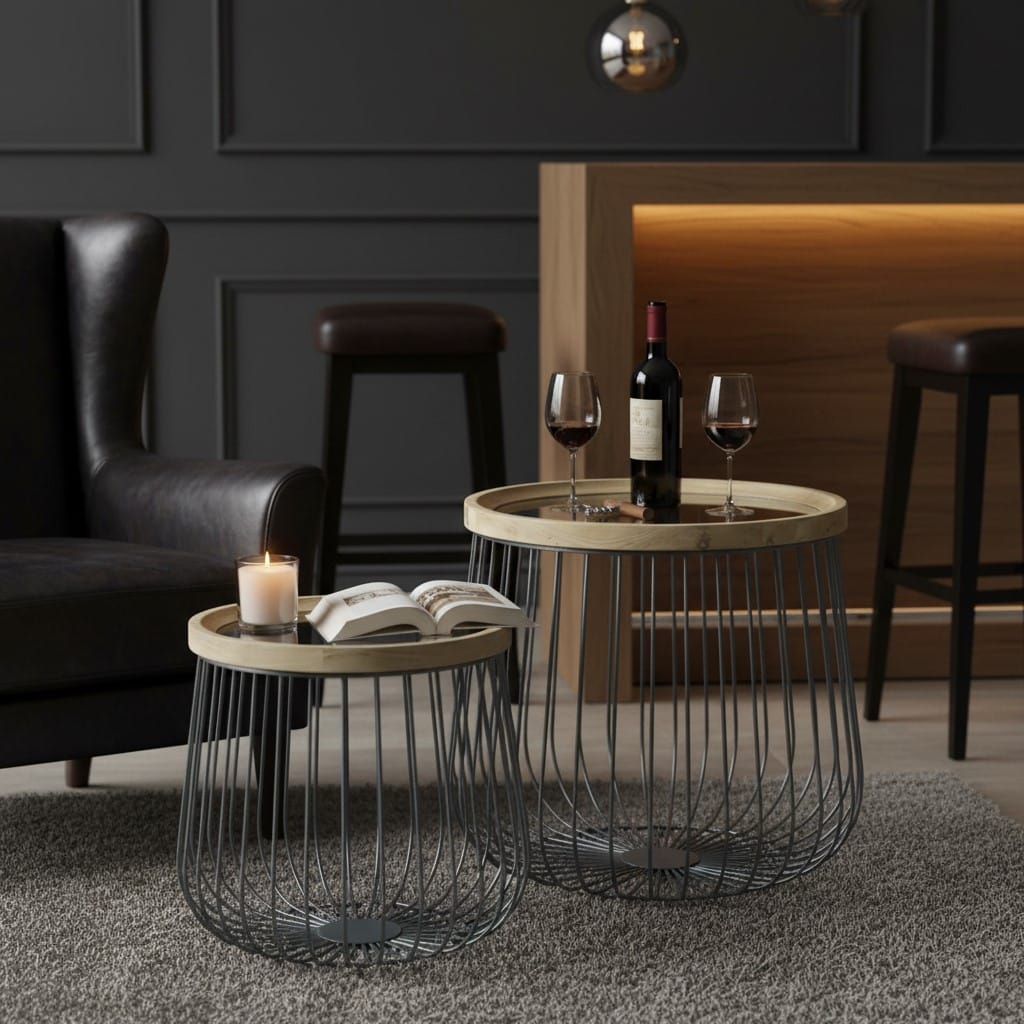 Side Table Set of 2 Iron, Wood and Glass Round Side Tables