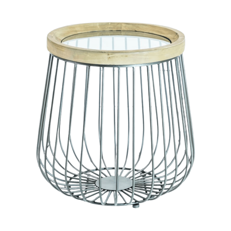 Side Table Set of 2 Iron, Wood and Glass Round Side Tables