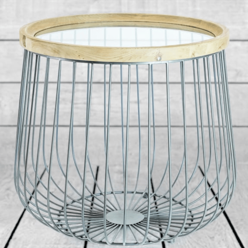 Side Table Set of 2 Iron, Wood and Glass Round Side Tables