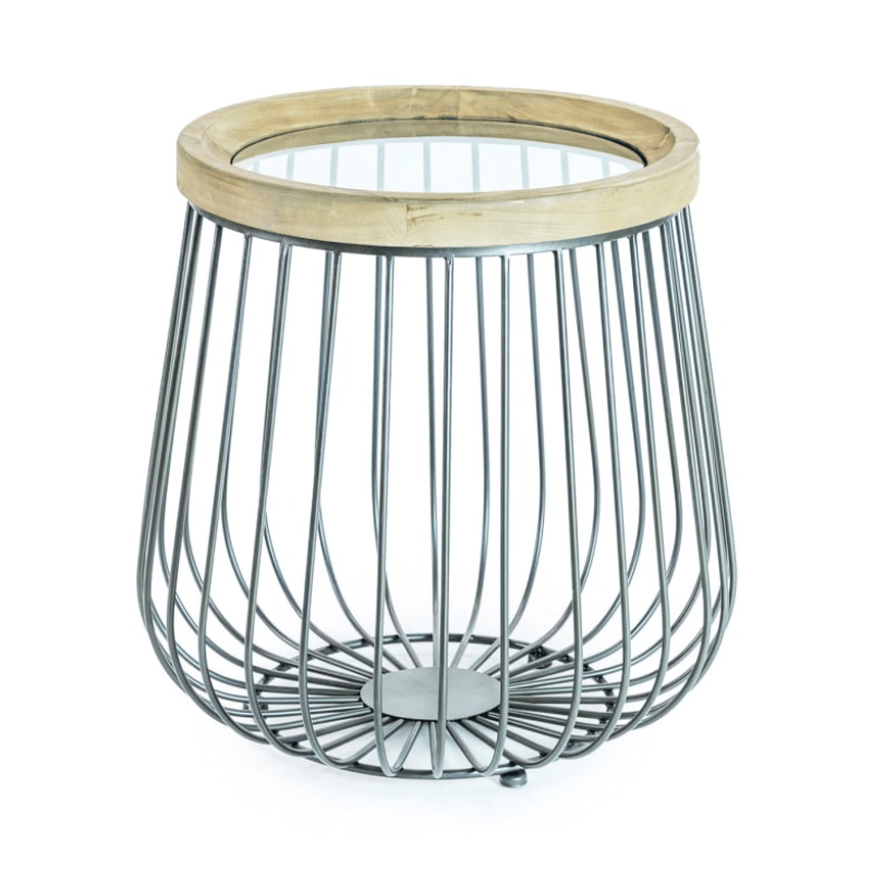 Side Table Set of 2 Iron, Wood and Glass Round Side Tables