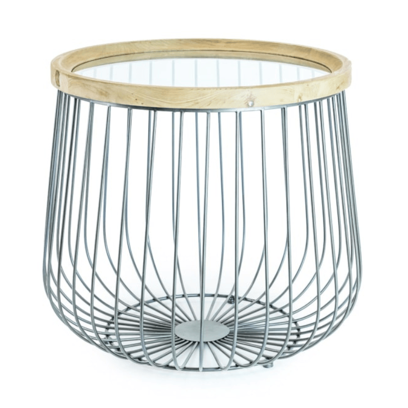 Side Table Set of 2 Iron, Wood and Glass Round Side Tables