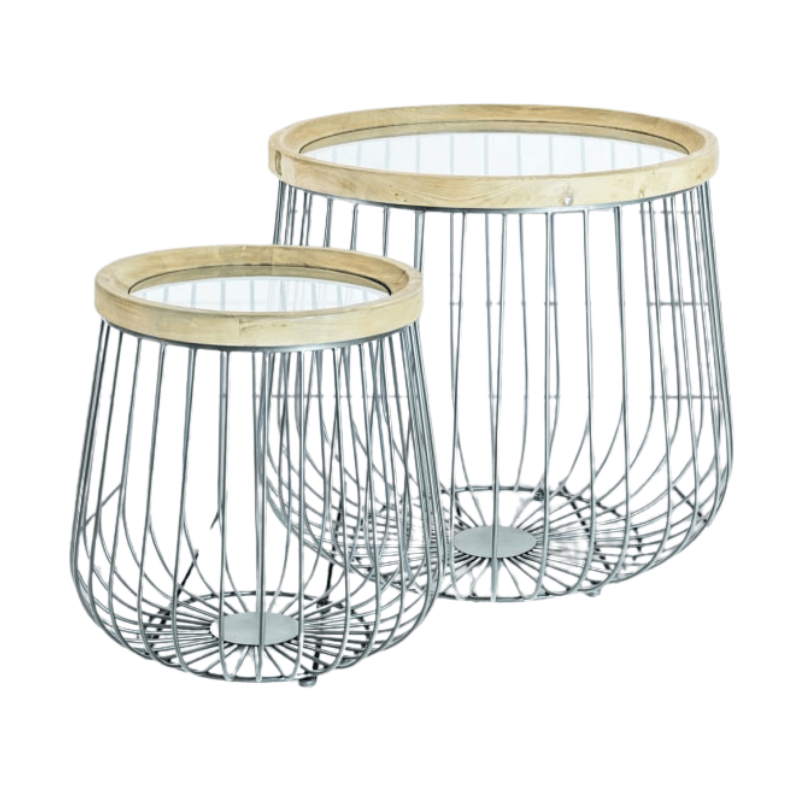 Side Table Set of 2 Iron, Wood and Glass Round Side Tables