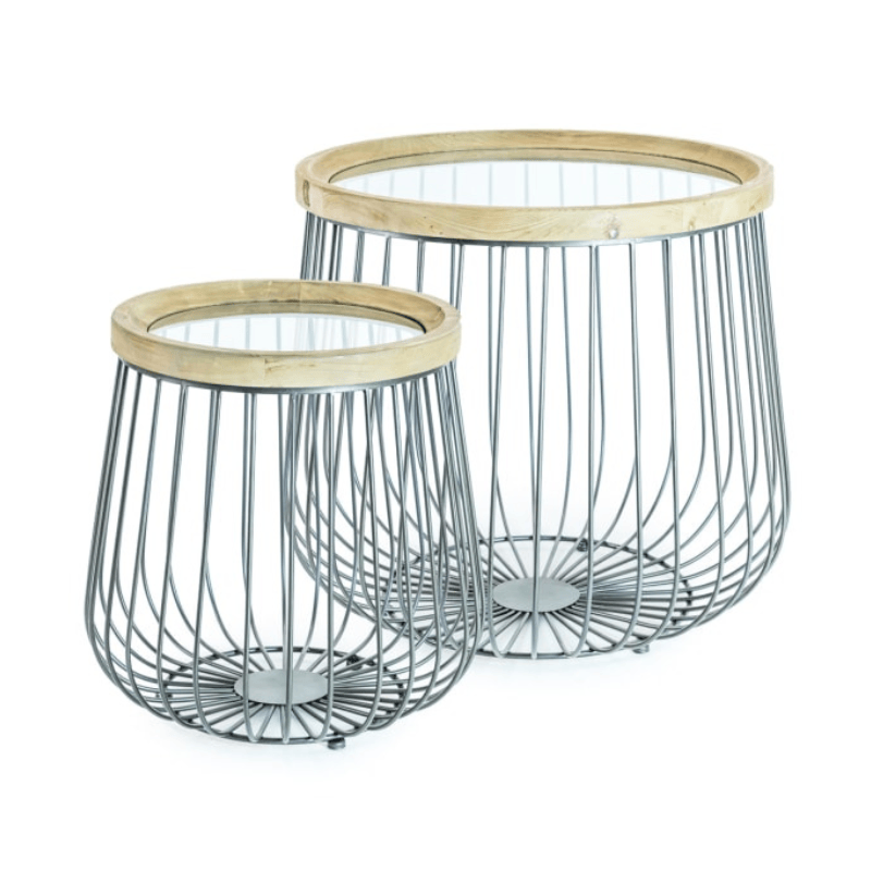 Side Table Set of 2 Iron, Wood and Glass Round Side Tables
