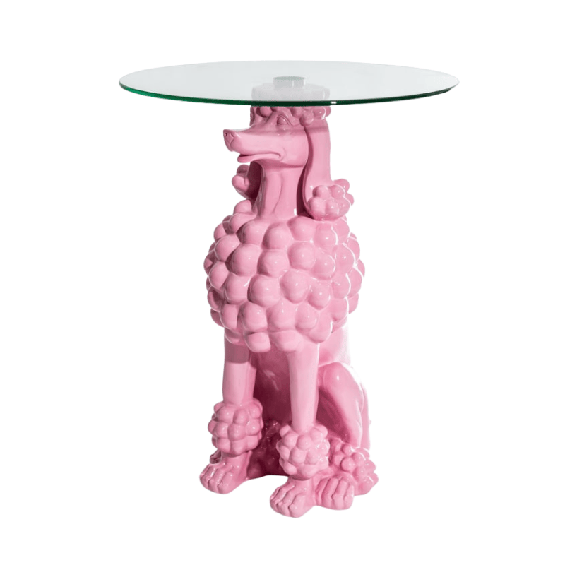 Side Table Sitting Pink Poodle Side Table w/ Glass Top