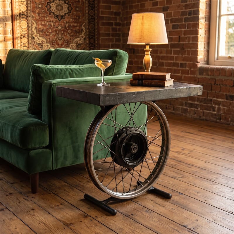 Side Table Spoked Wheel Side Table – Black Mango Wood & Antique Silver