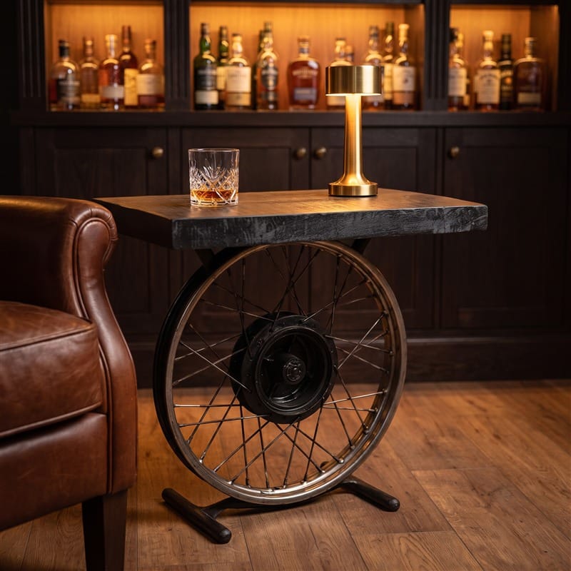 Side Table Spoked Wheel Side Table – Black Mango Wood & Antique Silver