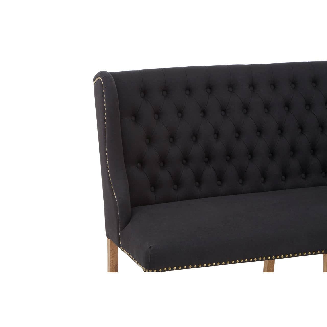 Sofa Harrison Bench Sofa – Black Linen, Stud Trim & Oak Cabriole Legs