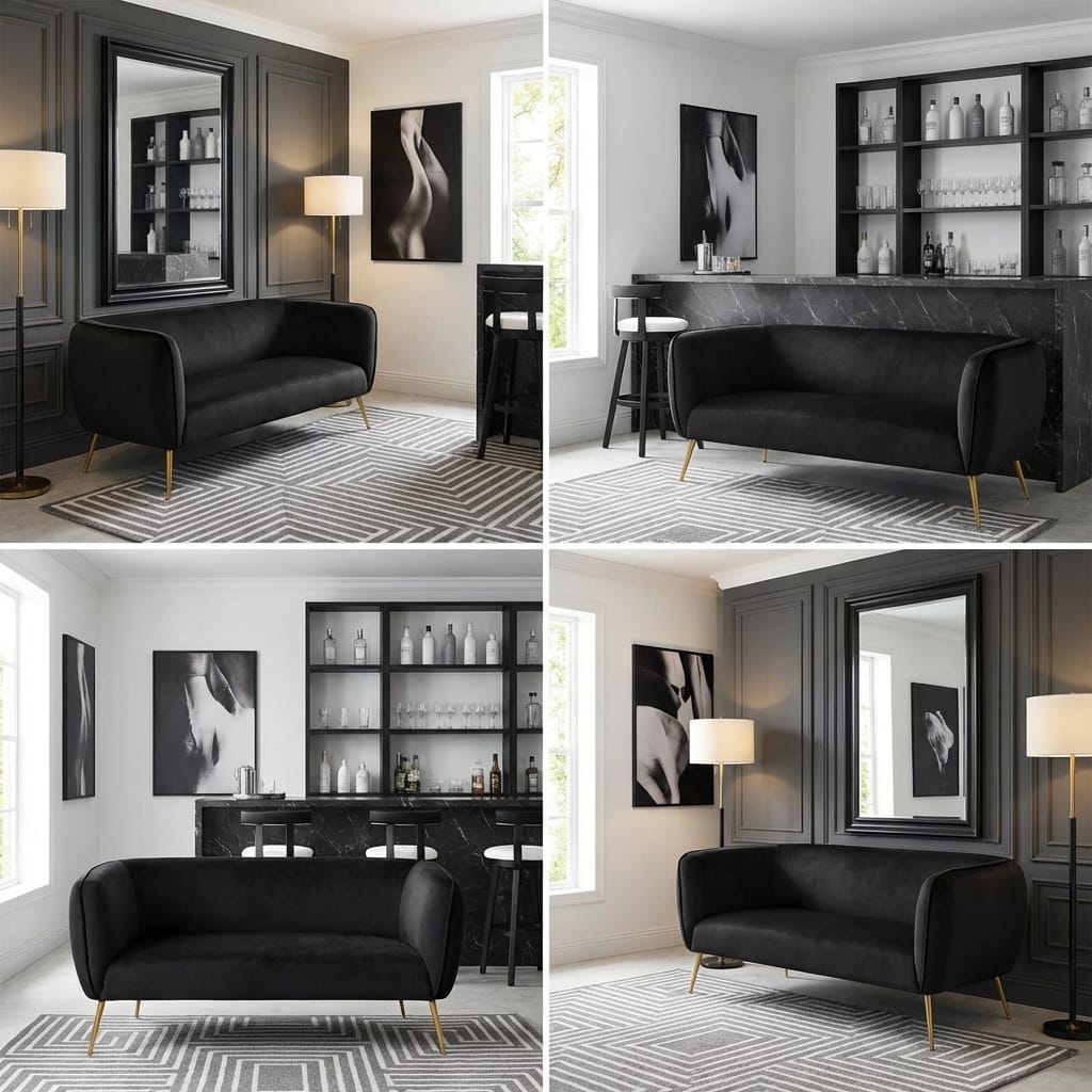 Sofa Lucca Black Velvet & Metal 2 Seater Sofa