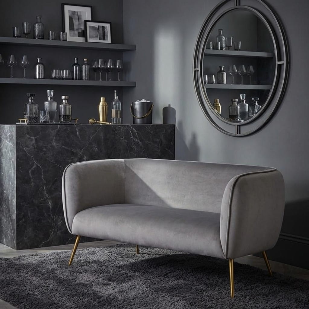 Sofa Lucca Dove Grey Velvet and Metal Sofa